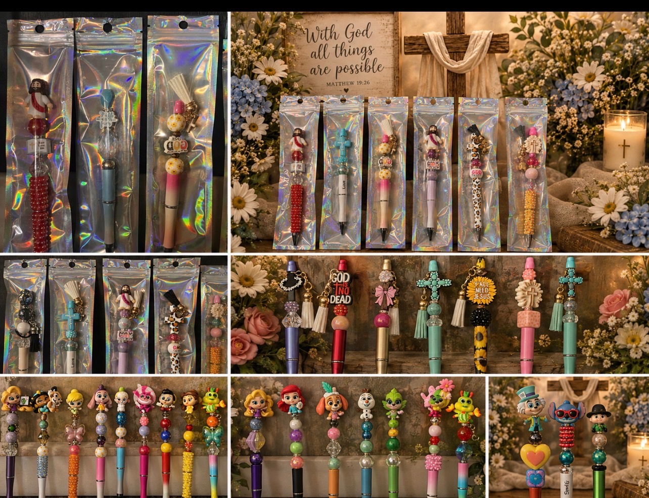 Handmade beaded faith pens with cross charms and tassels, displayed with flowers